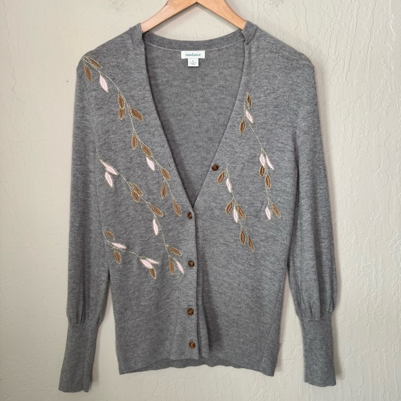 SUNDANCE Afterlight Gray Cardigan Merino Wool Cotton Embellished Embroidered SM - Picture 16 of 16